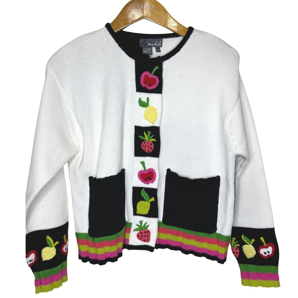 Lisa Nichols‎ Fruit Snap Front Sweater Medium White/Black